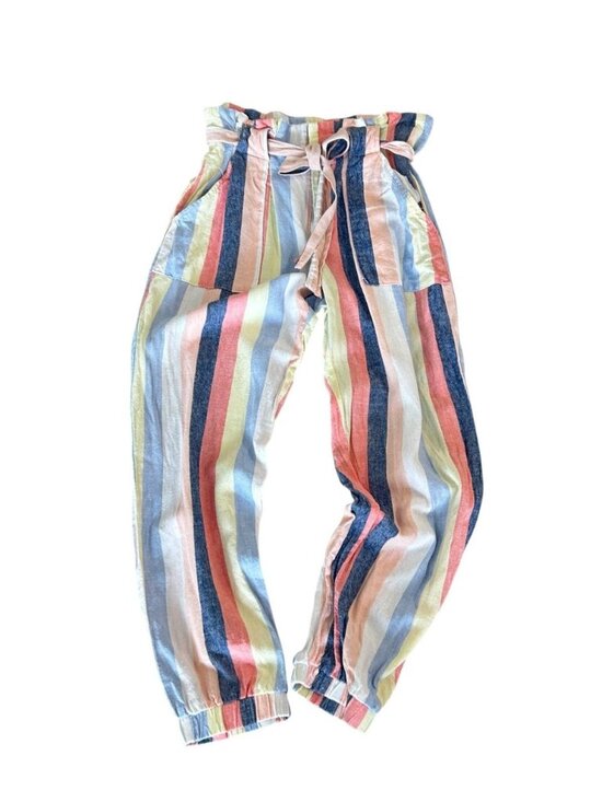 Indigo Rein Pants - Indigo Rein Striped Linen Blend Cropped Pants Self Belt Size Medium